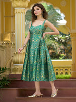Thumbnail for Monjolika Fashion Designer Teal Jacquard Zari Woven A-Line Midi Dress - Distacart