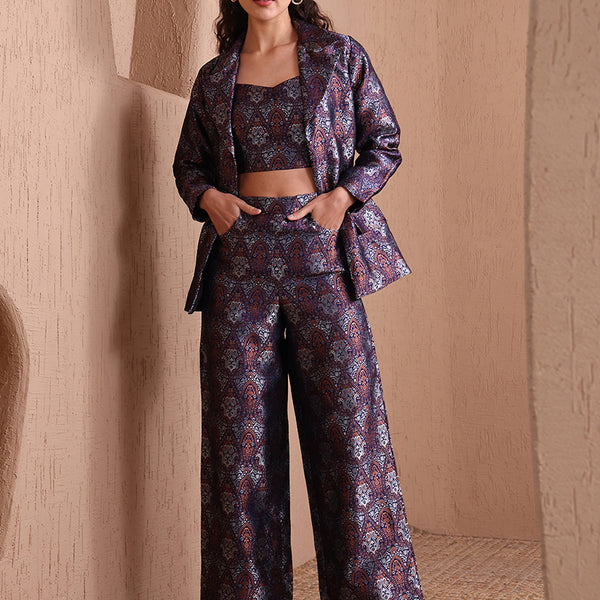 Monjolika Fashion Women's Navy Blue Banarasi Brocade Co-ord Set With Designer Blazer & Wide-Leg Pants - Distacart