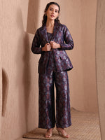 Thumbnail for Monjolika Fashion Women's Navy Blue Banarasi Brocade Co-ord Set With Designer Blazer & Wide-Leg Pants - Distacart