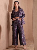 Thumbnail for Monjolika Fashion Women's Navy Blue Banarasi Brocade Co-ord Set With Designer Blazer & Wide-Leg Pants - Distacart