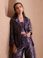Thumbnail for Monjolika Fashion Women's Navy Blue Banarasi Brocade Co-ord Set With Designer Blazer & Wide-Leg Pants - Distacart
