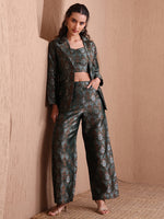 Thumbnail for Monjolika Fashion Women's Green Banarasi Brocade Co-ord Set With Designer Blazer & Wide-Leg Pants - Distacart