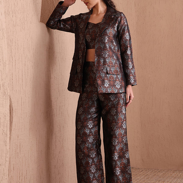 Monjolika Fashion Women's Black Banarasi Brocade Co-ord Set With Designer Blazer & Wide-Leg Pants - Distacart