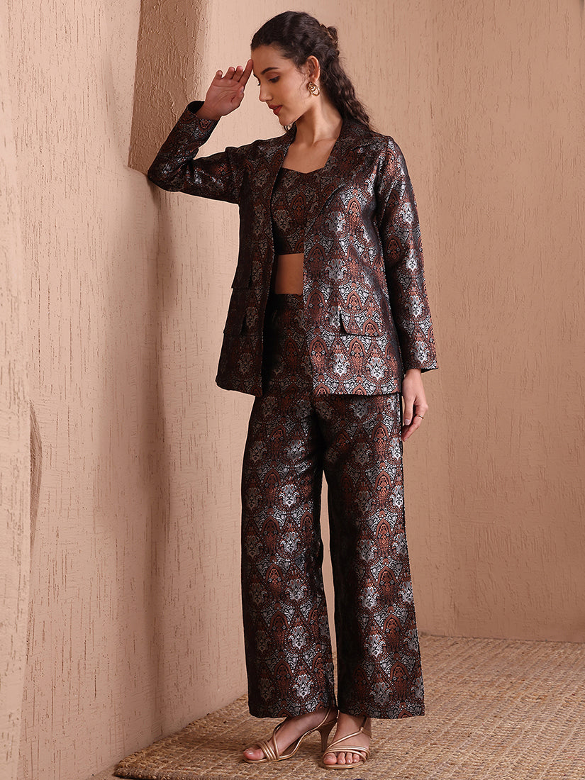 Monjolika Fashion Women's Black Banarasi Brocade Co-ord Set With Designer Blazer & Wide-Leg Pants