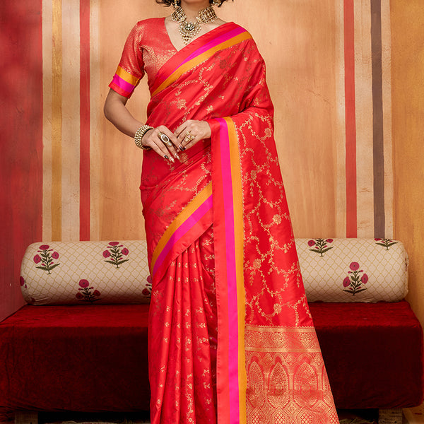 Monjolika Fashion Red Weaving Satin Silk Blend Festival Trendy Saree - Distacart
