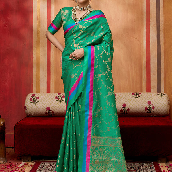 Monjolika Fashion Sea Green Weaving Satin Silk Blend Festival Trendy Saree - Distacart