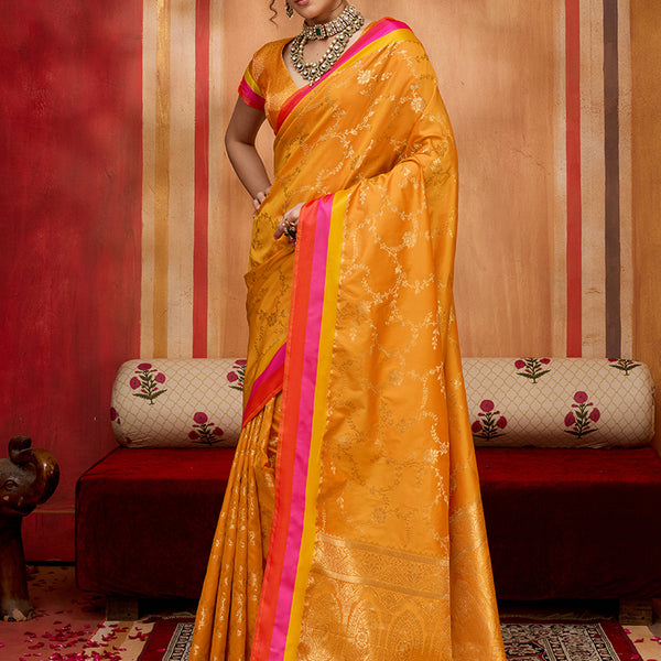 Monjolika Fashion Orange Weaving Satin Silk Blend Festival Trendy Saree - Distacart