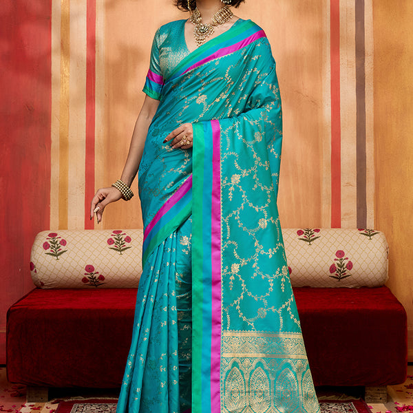 Monjolika Fashion Aqua Blue Weaving Satin Silk Blend Festival Trendy Saree - Distacart