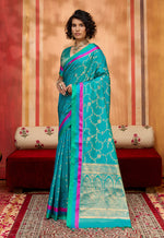 Thumbnail for Monjolika Fashion Aqua Blue Weaving Satin Silk Blend Festival Trendy Saree - Distacart
