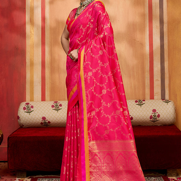 Monjolika Fashion Rani Pink Weaving Satin Silk Blend Festival Trendy Saree - Distacart