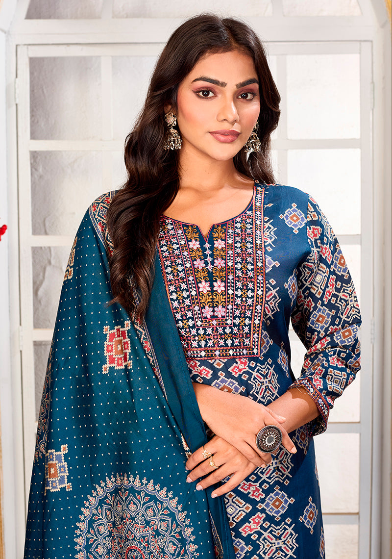 Monjolika Fashion Teal Blue Chanderi Embroidered Work Party Pant Style Suit