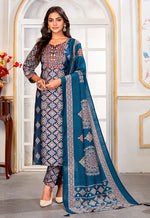 Thumbnail for Monjolika Fashion Teal Blue Chanderi Embroidered Work Party Pant Style Suit
