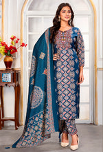 Thumbnail for Monjolika Fashion Teal Blue Chanderi Embroidered Work Party Pant Style Suit