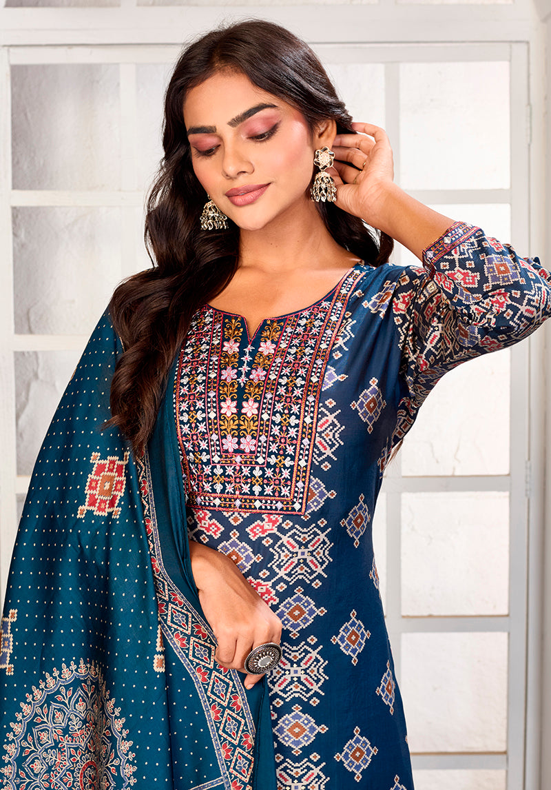 Monjolika Fashion Teal Blue Chanderi Embroidered Work Party Pant Style Suit