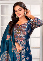 Thumbnail for Monjolika Fashion Teal Blue Chanderi Embroidered Work Party Pant Style Suit