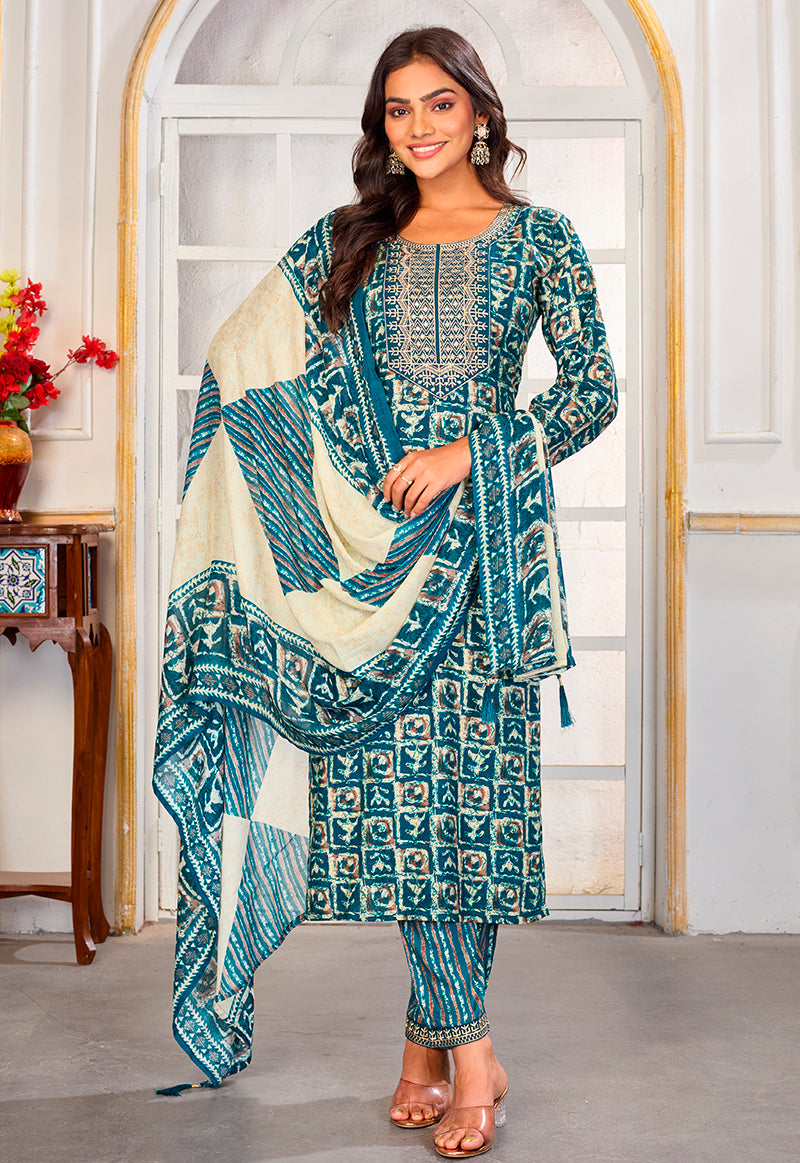 Monjolika Fashion Light Blue Rayon Embroidered Work Party Pant Style Suit