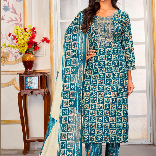 Monjolika Fashion Light Blue Rayon Embroidered Work Party Pant Style Suit