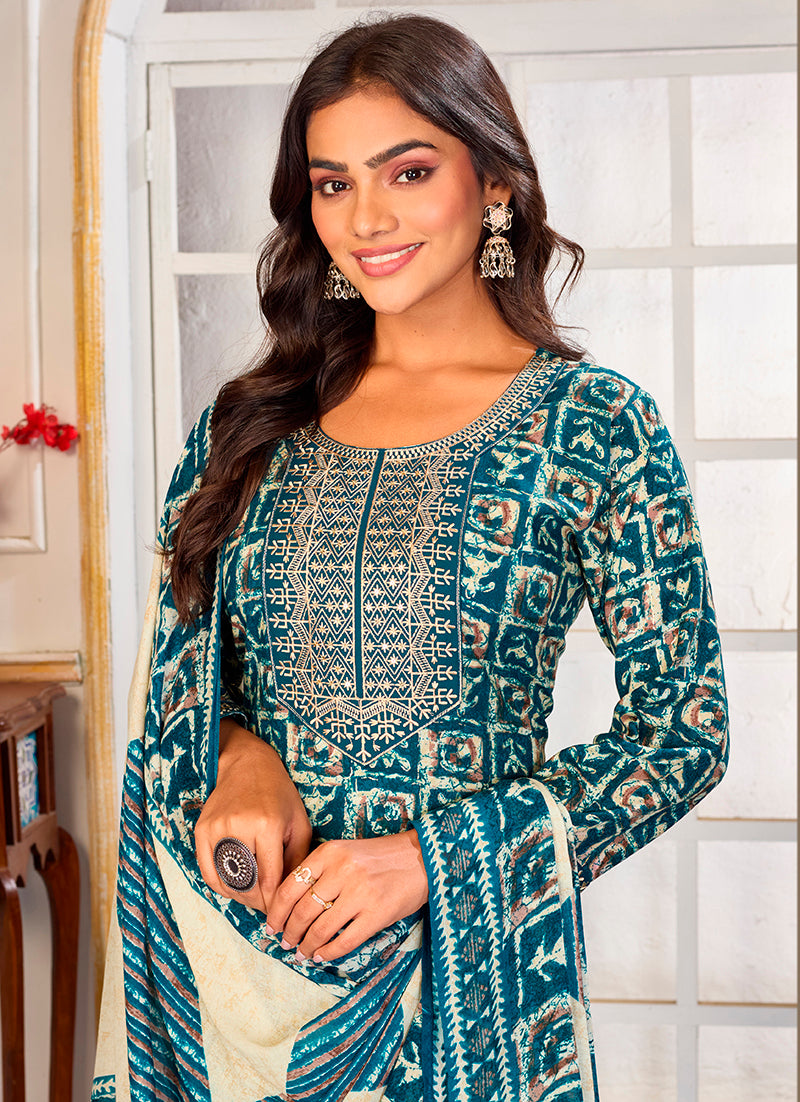 Monjolika Fashion Light Blue Rayon Embroidered Work Party Pant Style Suit