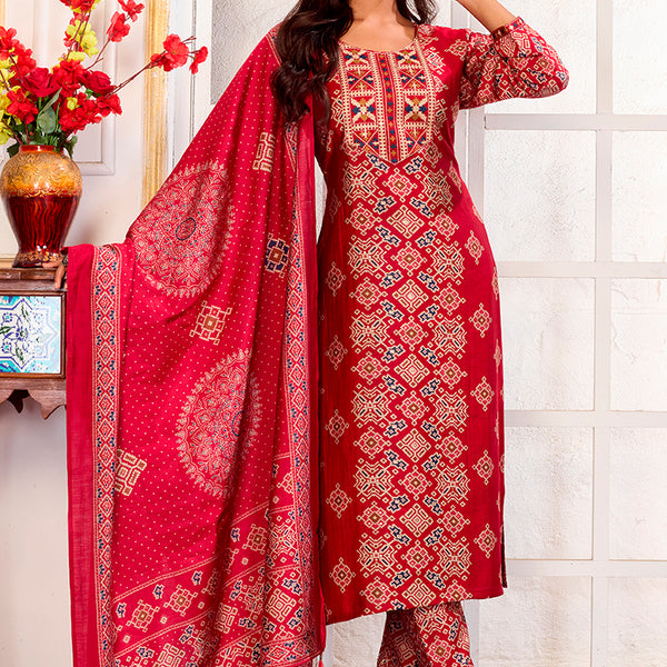 Monjolika Fashion Red Chanderi Embroidered Work Party Pant Style Suit