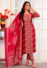 Thumbnail for Monjolika Fashion Red Chanderi Embroidered Work Party Pant Style Suit
