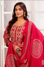 Thumbnail for Monjolika Fashion Red Chanderi Embroidered Work Party Pant Style Suit