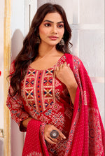 Thumbnail for Monjolika Fashion Red Chanderi Embroidered Work Party Pant Style Suit