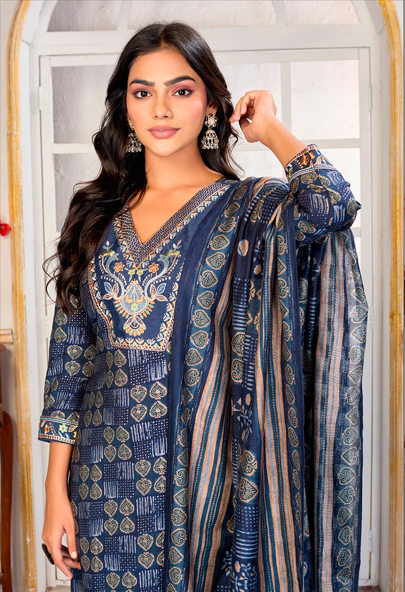 Monjolika Fashion Blue Chanderi Embroidered Work Party Pant Style Suit