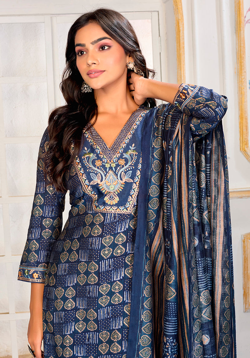 Monjolika Fashion Blue Chanderi Embroidered Work Party Pant Style Suit