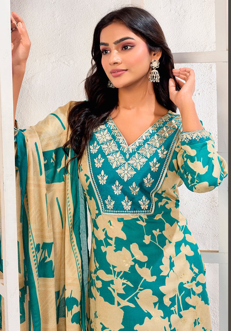 Monjolika Fashion Sky Blue Rayon Embroidered Work Party Pant Style Suit