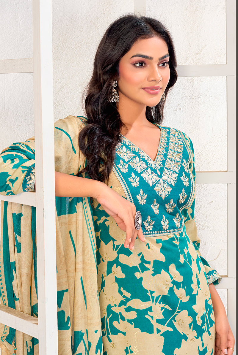 Monjolika Fashion Sky Blue Rayon Embroidered Work Party Pant Style Suit