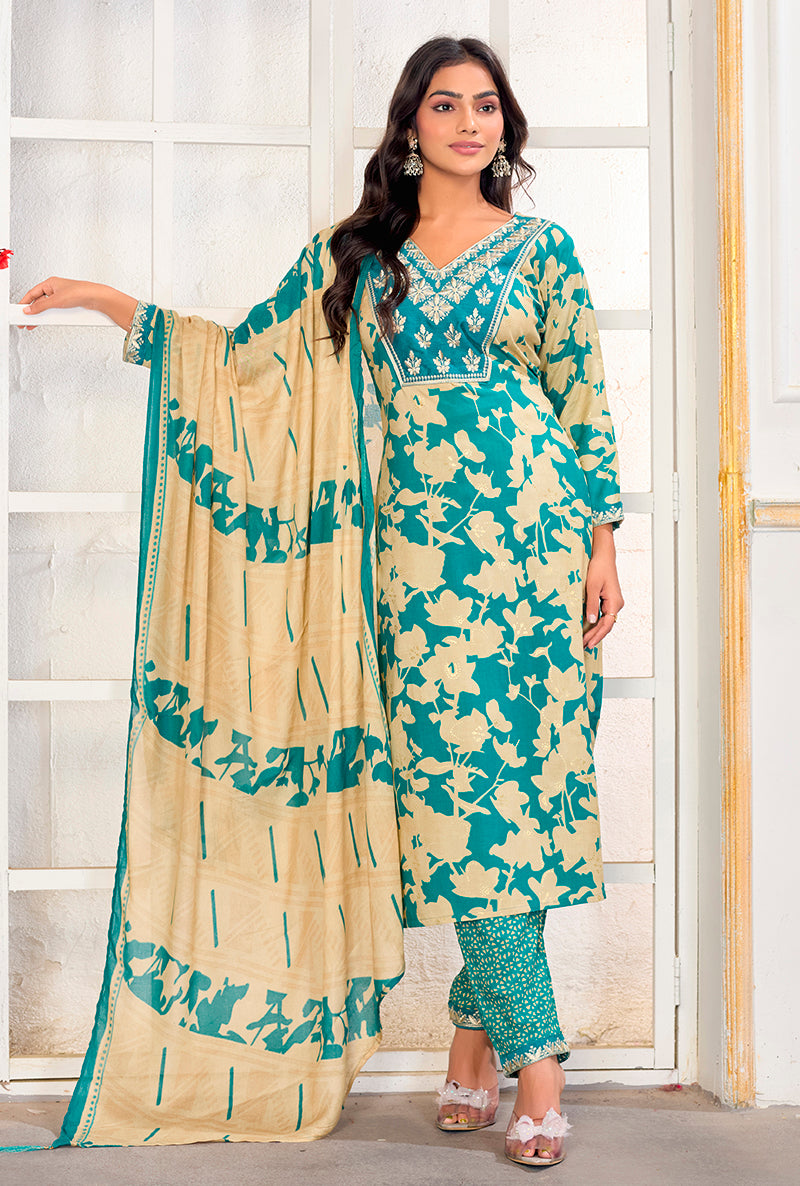 Monjolika Fashion Sky Blue Rayon Embroidered Work Party Pant Style Suit - Distacart