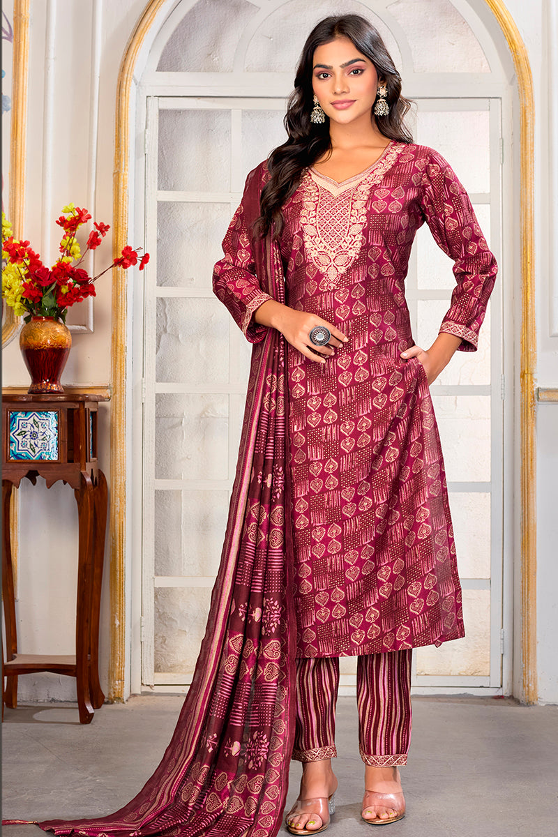 Monjolika Fashion Crimson Chanderi Silk Embroidered Work Party Pant Style Suit
