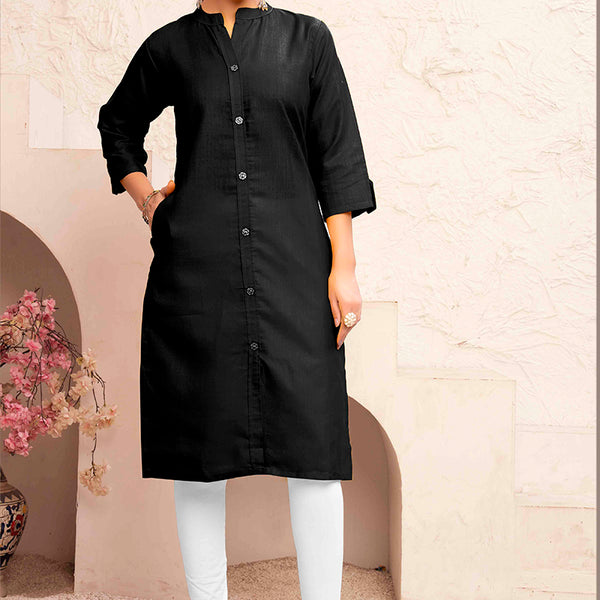 Monjolika Fashion Black Color Cotton Casual Kurti With Pocket