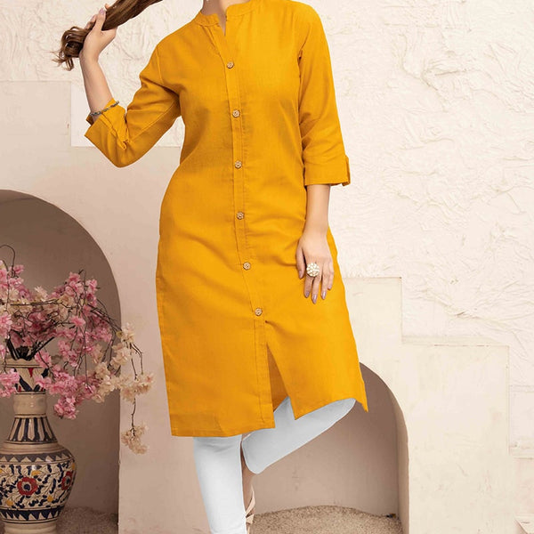 Monjolika Fashion Mustard Yellow Color Cotton Casual Kurti With Pocket - Distacart