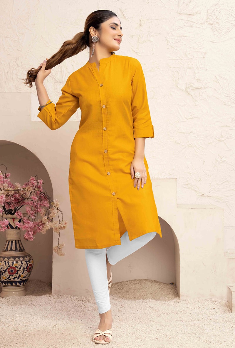 Monjolika Fashion Mustard Yellow Color Cotton Casual Kurti With Pocket - Distacart