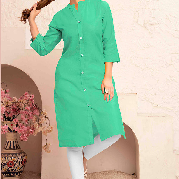 Monjolika Fashion Sea Green Color Cotton Casual Kurti With Pocket - Distacart