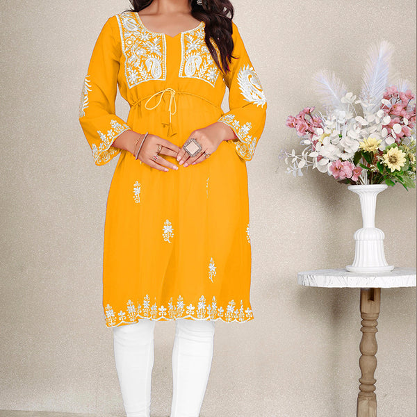 Monjolika Fashion Mustard Yellow Colour Embroidered Georgette Casual Kurti