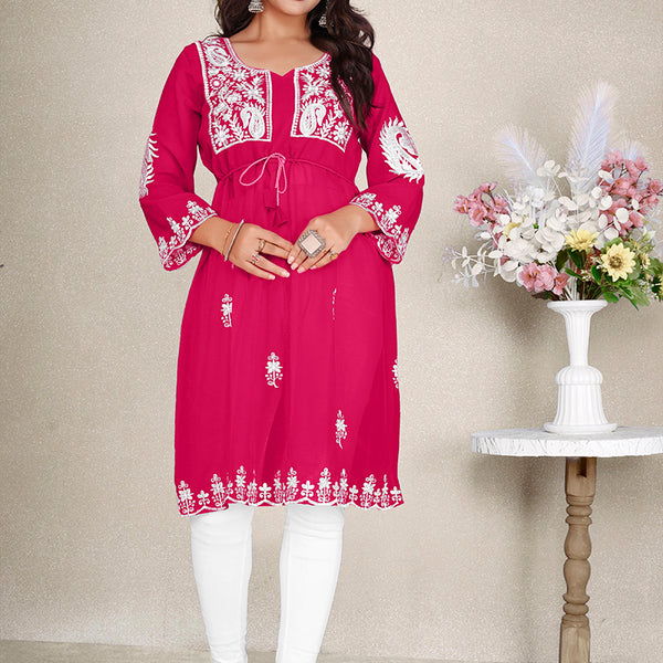 Monjolika Fashion Rani Pink Colour Embroidered Georgette Casual Kurti - Distacart