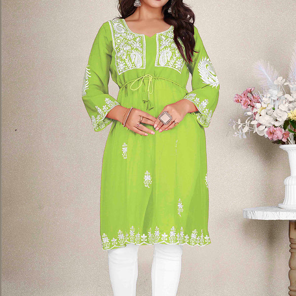 Monjolika Fashion Parrot Green Colour Embroidered Georgette Casual Kurti - Distacart