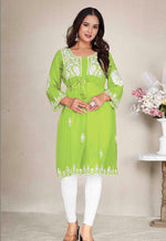 Thumbnail for Monjolika Fashion Parrot Green Colour Embroidered Georgette Casual Kurti - Distacart