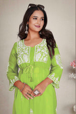 Thumbnail for Monjolika Fashion Parrot Green Colour Embroidered Georgette Casual Kurti - Distacart