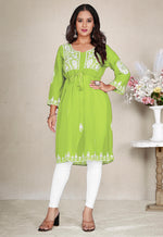 Thumbnail for Monjolika Fashion Parrot Green Colour Embroidered Georgette Casual Kurti - Distacart