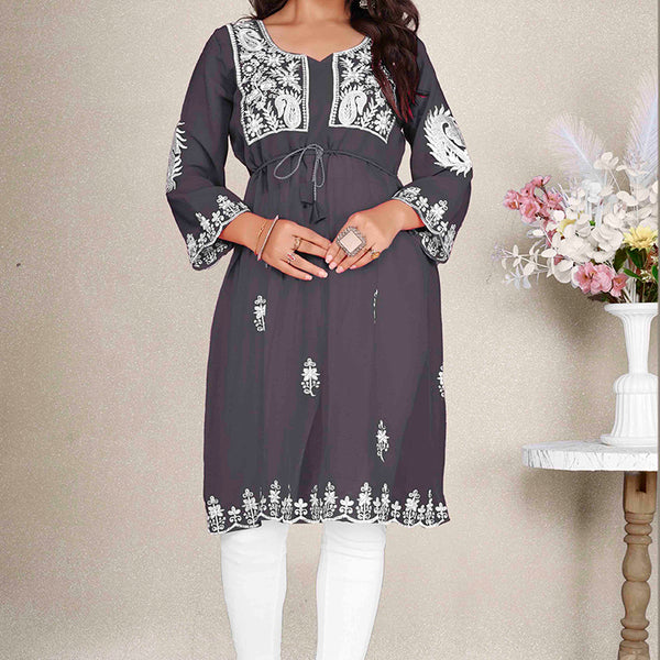 Monjolika Fashion Dark Grey Colour Embroidered Georgette Casual Kurti - Distacart