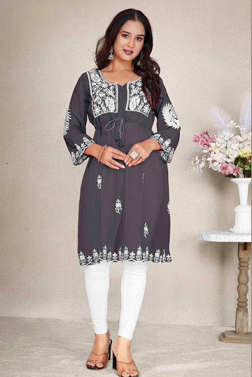 Monjolika Fashion Dark Grey Colour Embroidered Georgette Casual Kurti - Distacart