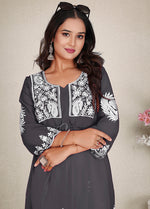 Thumbnail for Monjolika Fashion Dark Grey Colour Embroidered Georgette Casual Kurti - Distacart