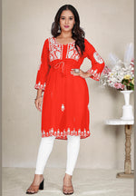 Thumbnail for Monjolika Fashion Orange Colour Embroidered Georgette Casual Kurti - Distacart