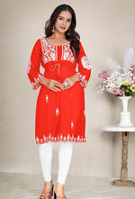 Thumbnail for Monjolika Fashion Orange Colour Embroidered Georgette Casual Kurti - Distacart