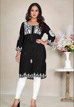 Thumbnail for Monjolika Fashion Black Colour Embroidered Georgette Casual Kurti