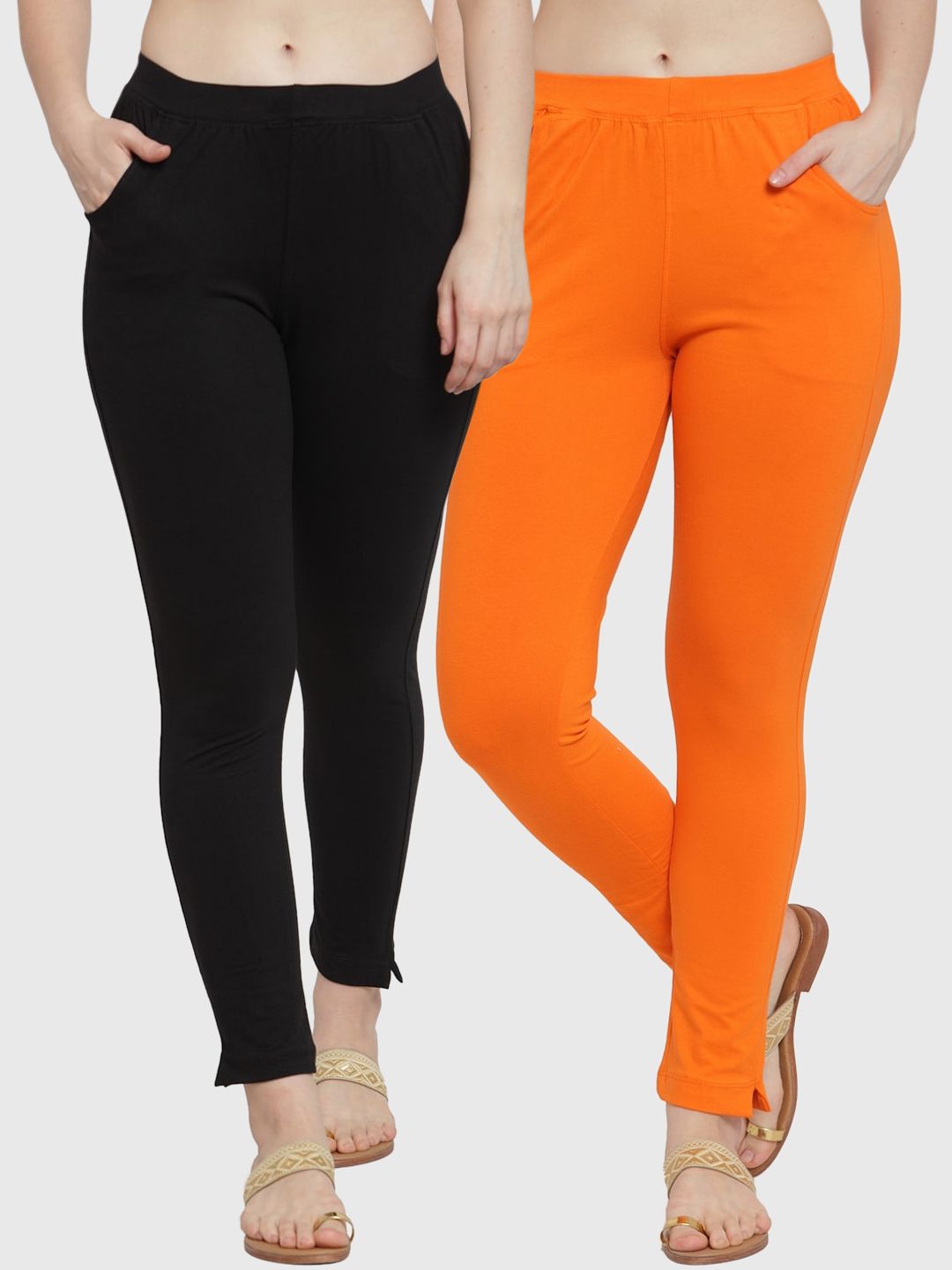 TAG 7 Women Pack Of 2 Orange & Black Solid Straight-Fit Ankle-Length Leggings - Distacart