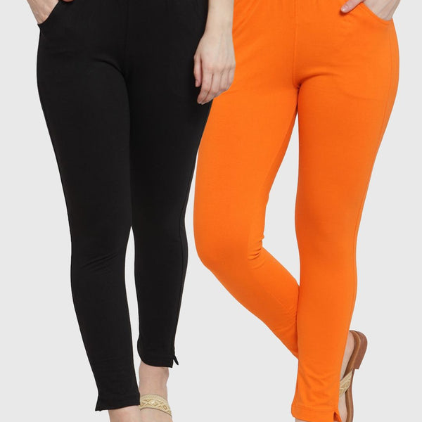 TAG 7 Women Pack Of 2 Orange & Black Solid Straight-Fit Ankle-Length Leggings - Distacart